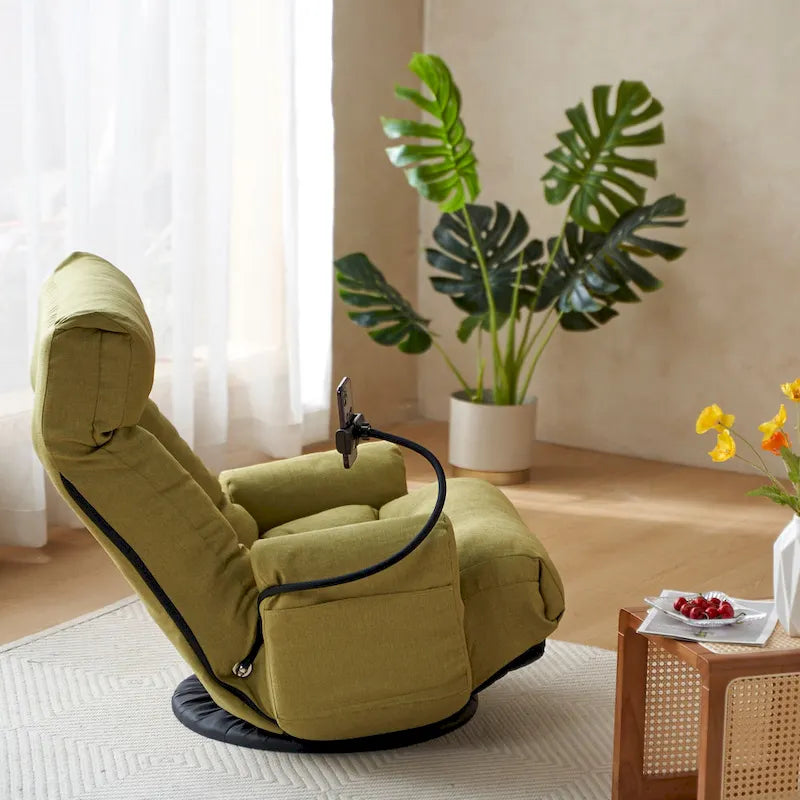 Fauteuil inclinable manuel pivotant à 360° en tissu avec support pour téléphone portable, têtière et dossier réglables