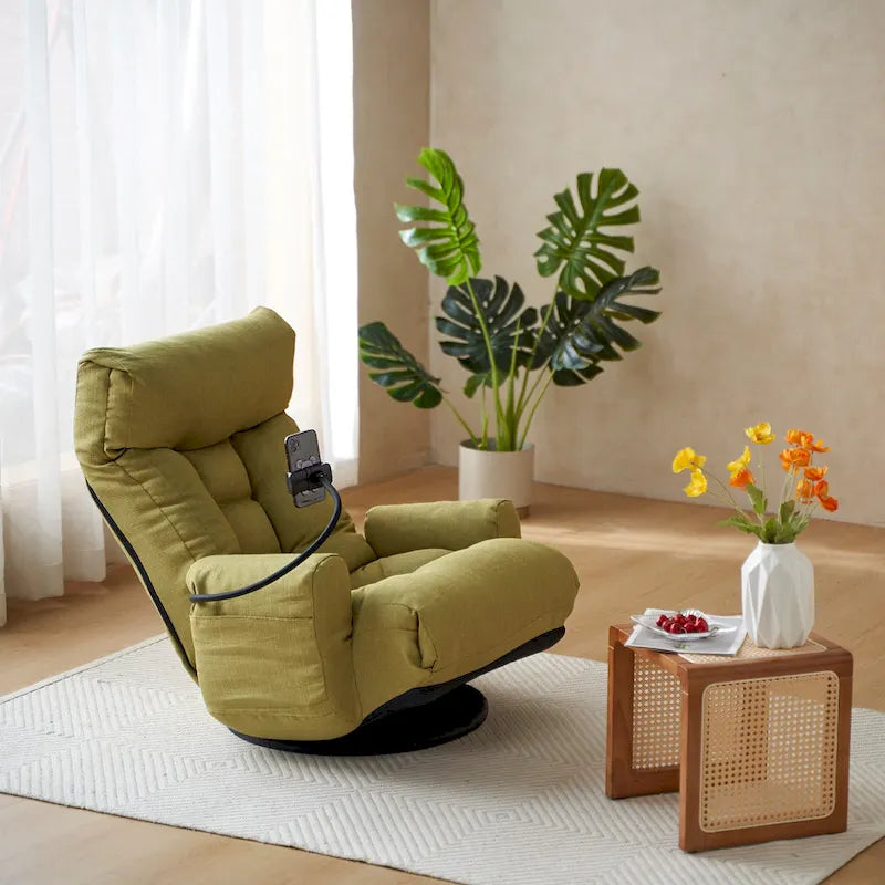 Fauteuil inclinable manuel pivotant à 360° en tissu avec support pour téléphone portable, têtière et dossier réglables