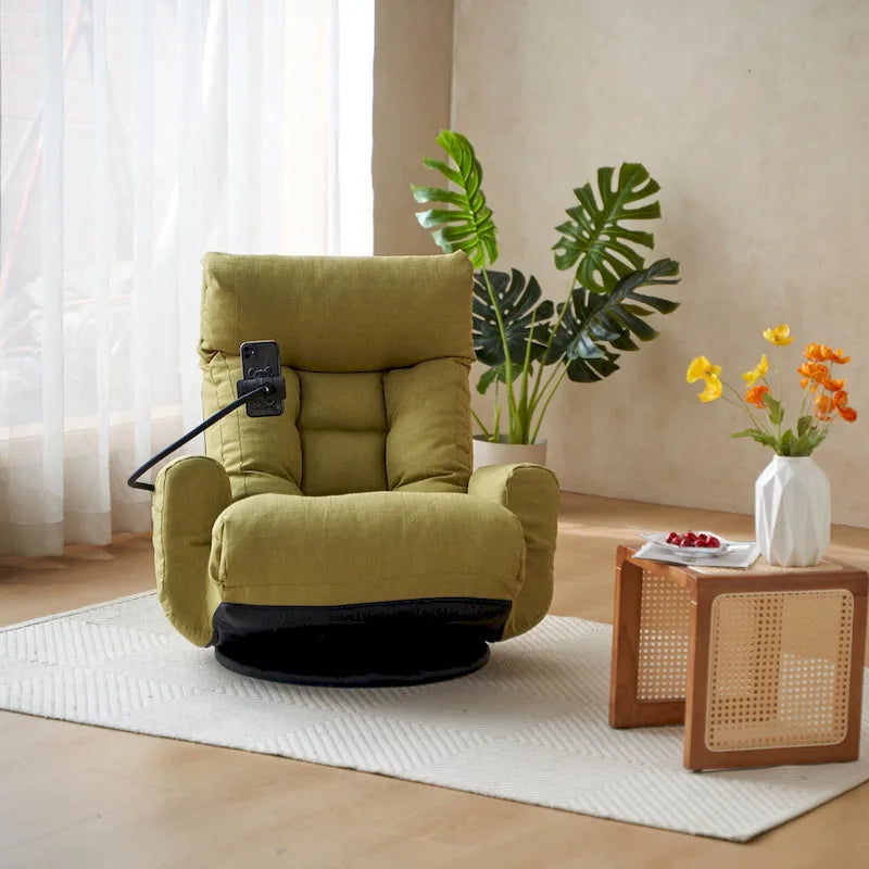 Fauteuil inclinable manuel pivotant à 360° en tissu avec support pour téléphone portable, têtière et dossier réglables