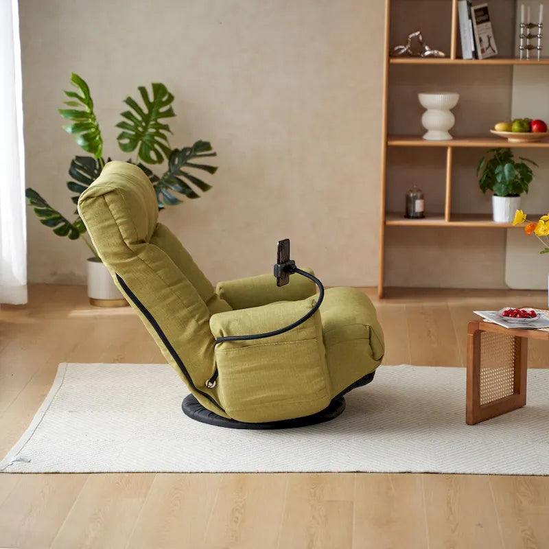Fauteuil inclinable manuel pivotant à 360° en tissu avec support pour téléphone portable, têtière et dossier réglables