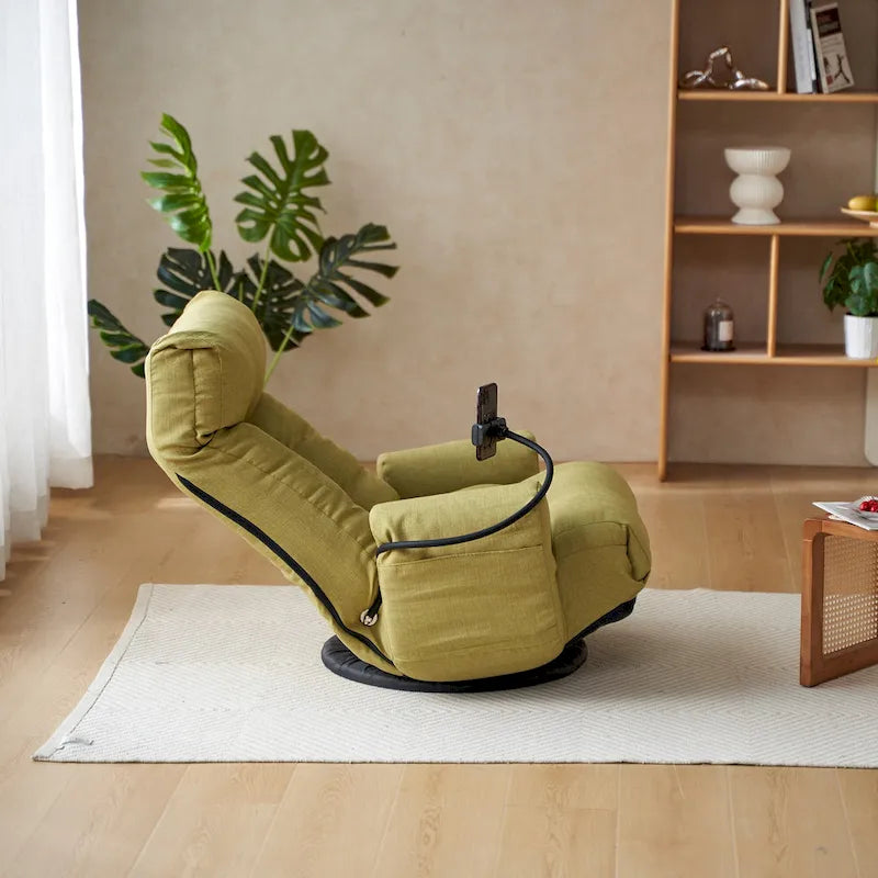 Fauteuil inclinable manuel pivotant à 360° en tissu avec support pour téléphone portable, têtière et dossier réglables