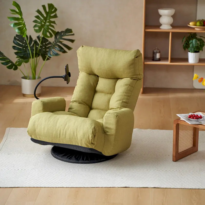Fauteuil inclinable manuel pivotant à 360° en tissu avec support pour téléphone portable, têtière et dossier réglables