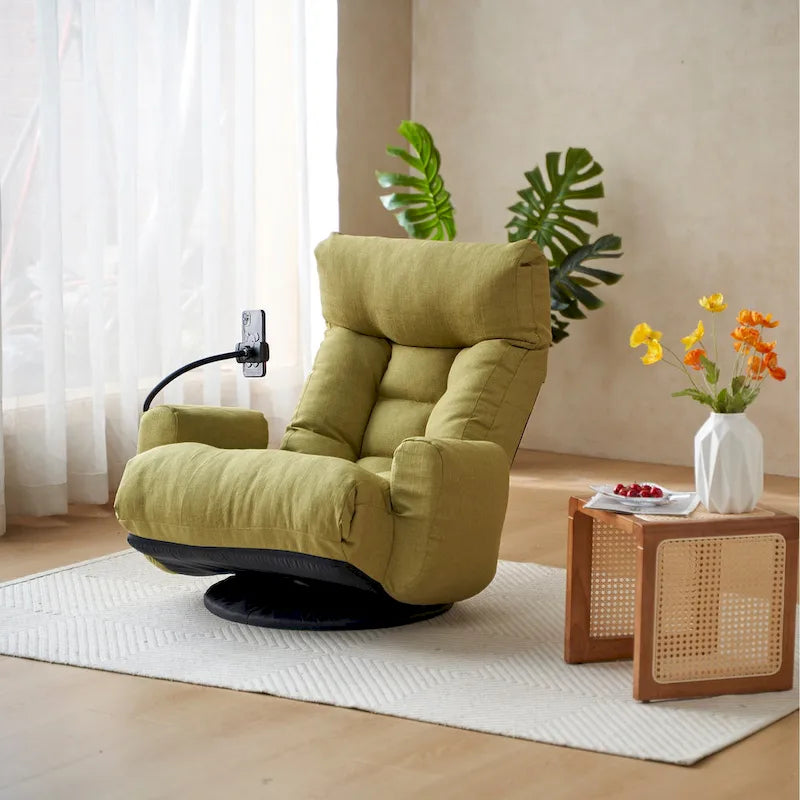 Fauteuil inclinable manuel pivotant à 360° en tissu avec support pour téléphone portable, têtière et dossier réglables
