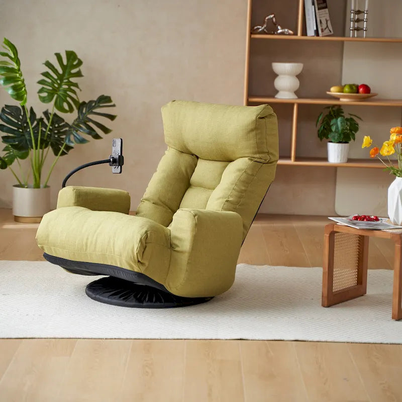 Fauteuil inclinable manuel pivotant à 360° en tissu avec support pour téléphone portable, têtière et dossier réglables
