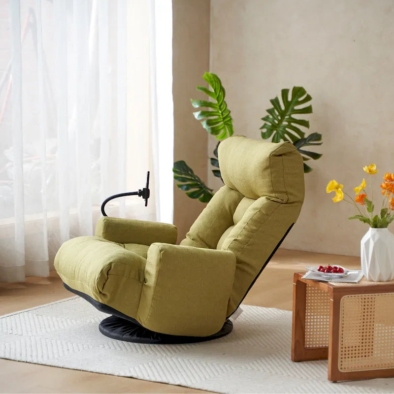 Fauteuil inclinable manuel pivotant à 360° en tissu avec support pour téléphone portable, têtière et dossier réglables