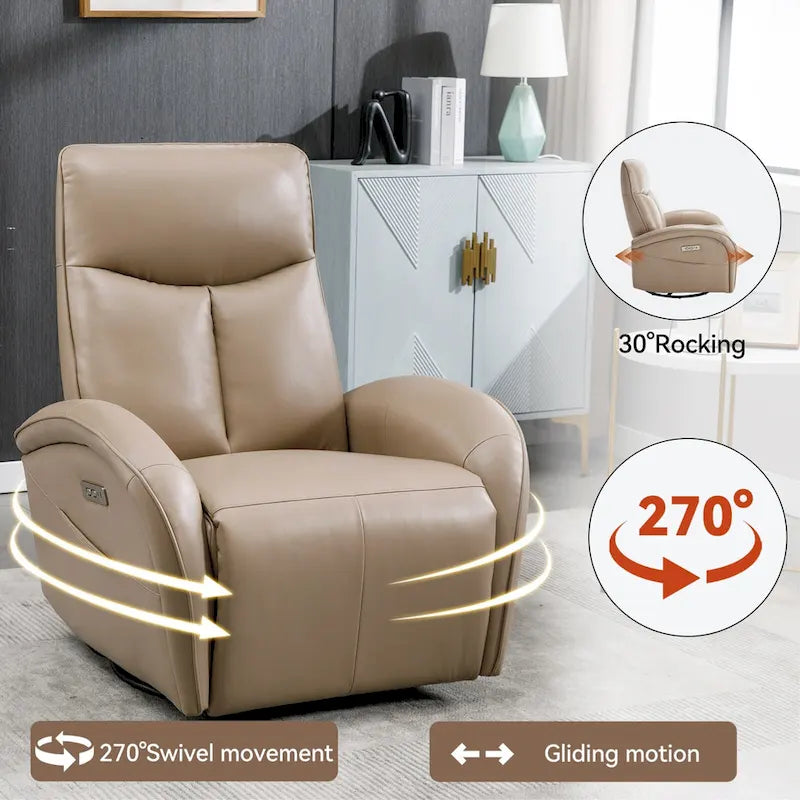 Fauteuil inclinable électrique en similicuir pivotant à 270°, avec fonction de bascule et de glisse, 2 poches latérales, ports USB et Type-C