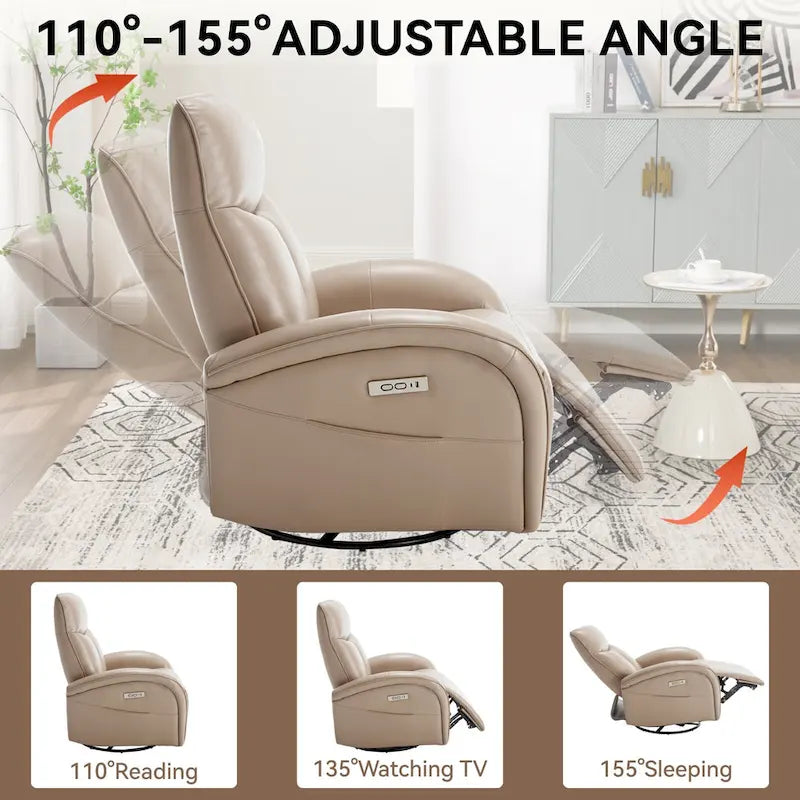 Fauteuil inclinable électrique en similicuir pivotant à 270°, avec fonction de bascule et de glisse, 2 poches latérales, ports USB et Type-C