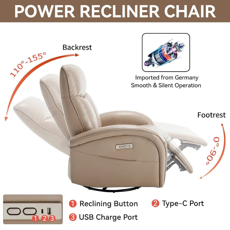 Fauteuil inclinable électrique en similicuir pivotant à 270°, avec fonction de bascule et de glisse, 2 poches latérales, ports USB et Type-C