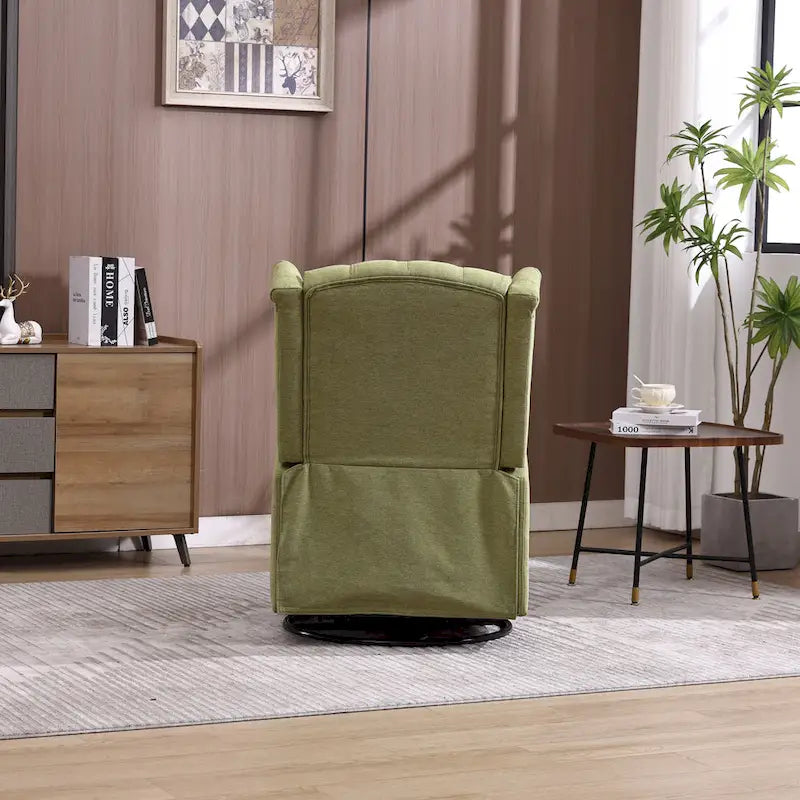 Fauteuil inclinable manuel pivotant à 360° en lin vert olive avec dossier capitonné et repose-pieds pour salon, chambre à coucher
