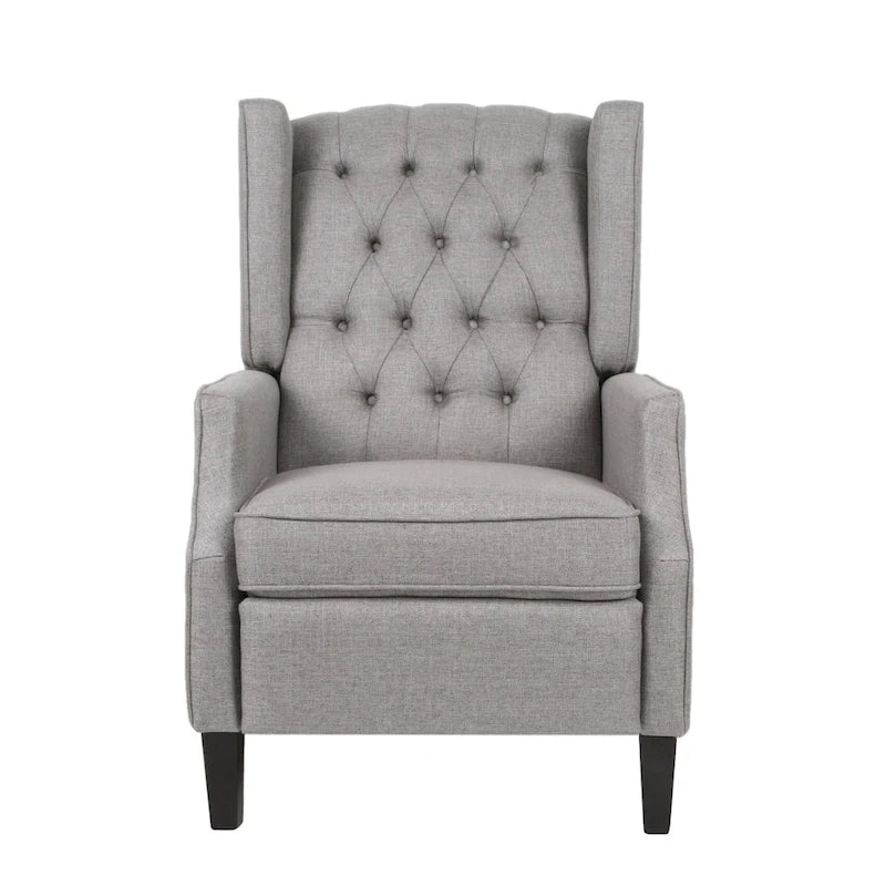 Fauteuil inclinable gris en tissu de style Mid-Century avec oreilles, mécanisme à poussoir, repose-pieds et dossier capitonné.