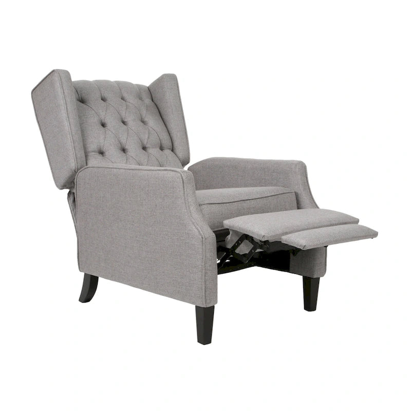 Fauteuil inclinable gris en tissu de style Mid-Century avec oreilles, mécanisme à poussoir, repose-pieds et dossier capitonné.