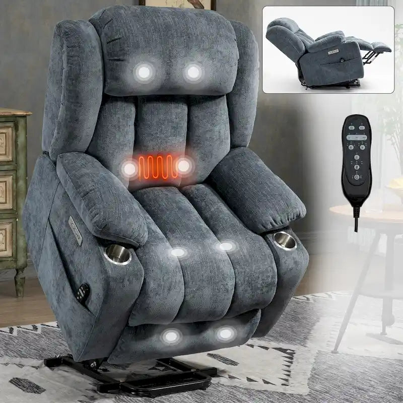Fauteuil inclinable releveur électrique en chenille bleue avec massage vibrant à 8 points, chauffage lombaire, ports USB et Type-C, porte-gobelets