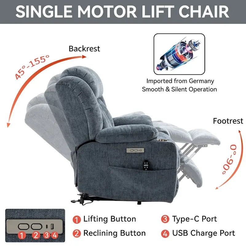 Fauteuil inclinable releveur électrique en chenille bleue avec massage vibrant à 8 points, chauffage lombaire, ports USB et Type-C, porte-gobelets
