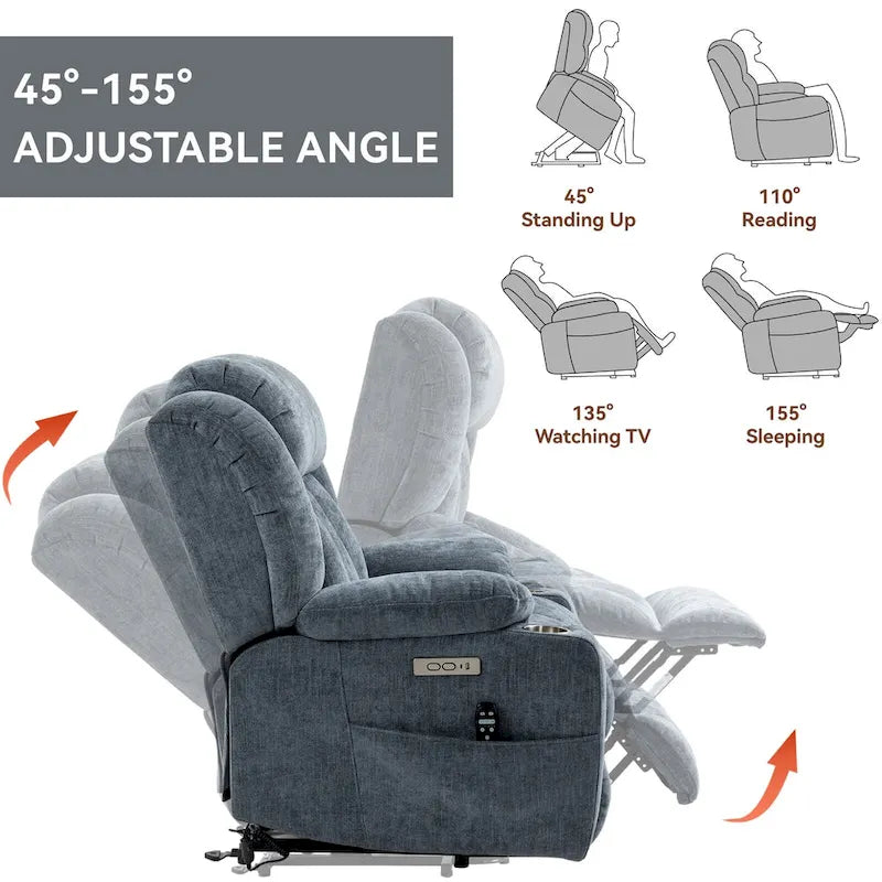 Fauteuil inclinable releveur électrique en chenille bleue avec massage vibrant à 8 points, chauffage lombaire, ports USB et Type-C, porte-gobelets