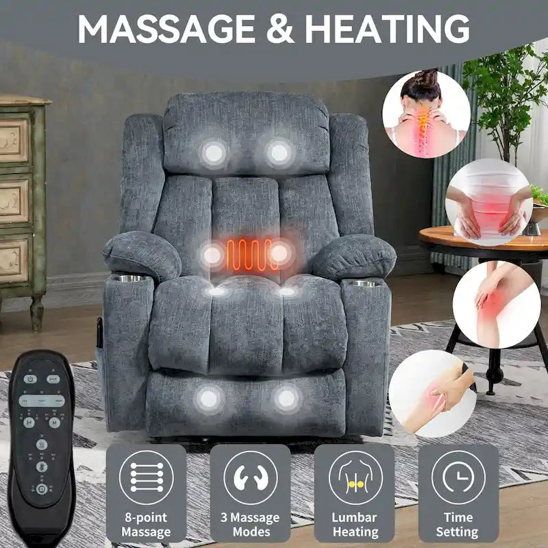 Fauteuil inclinable releveur électrique en chenille bleue avec massage vibrant à 8 points, chauffage lombaire, ports USB et Type-C, porte-gobelets