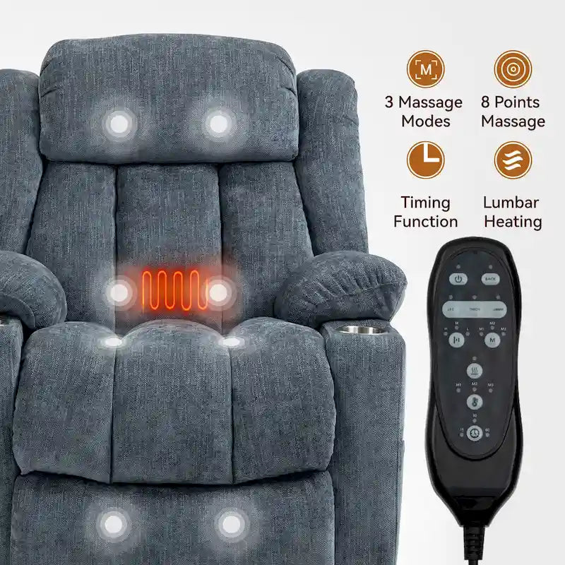 Fauteuil inclinable releveur électrique en chenille bleue avec massage vibrant à 8 points, chauffage lombaire, ports USB et Type-C, porte-gobelets