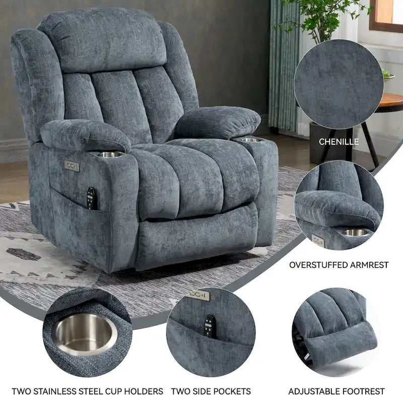 Fauteuil inclinable releveur électrique en chenille bleue avec massage vibrant à 8 points, chauffage lombaire, ports USB et Type-C, porte-gobelets