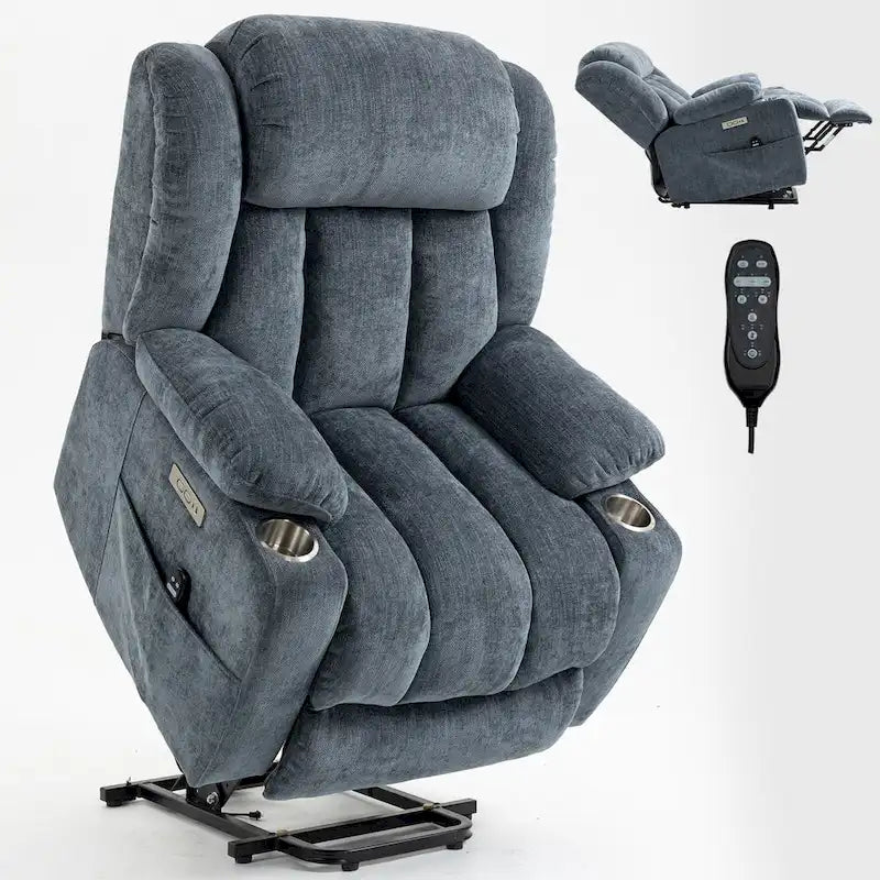 Fauteuil inclinable releveur électrique en chenille bleue avec massage vibrant à 8 points, chauffage lombaire, ports USB et Type-C, porte-gobelets