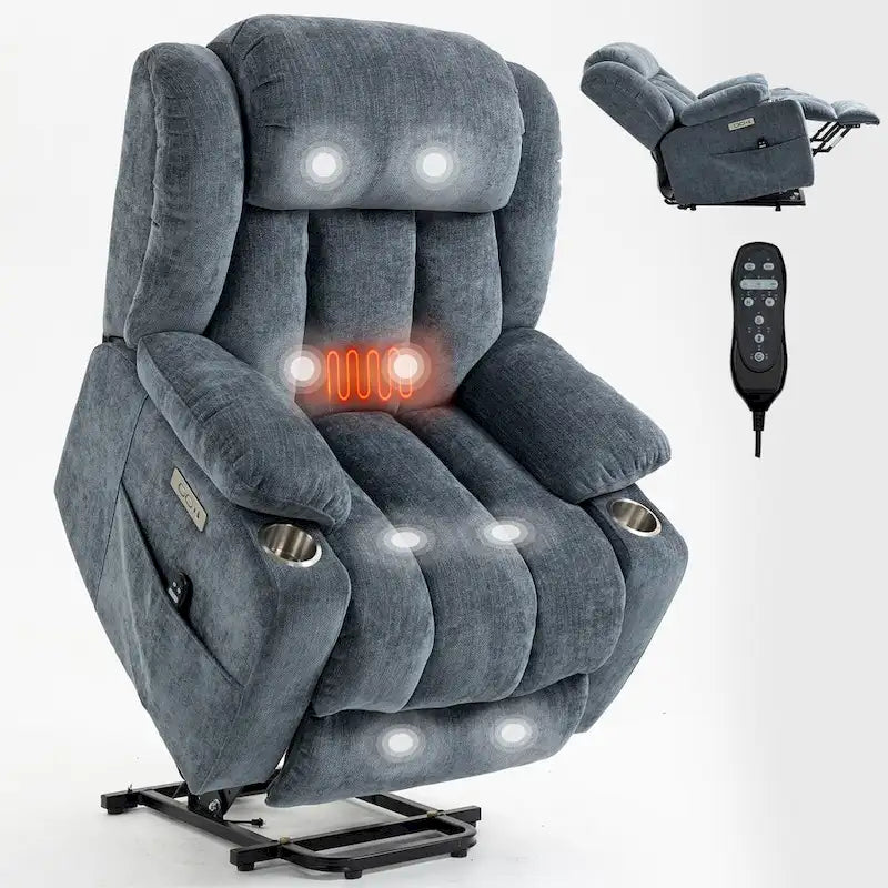 Fauteuil inclinable releveur électrique en chenille bleue avec massage vibrant à 8 points, chauffage lombaire, ports USB et Type-C, porte-gobelets