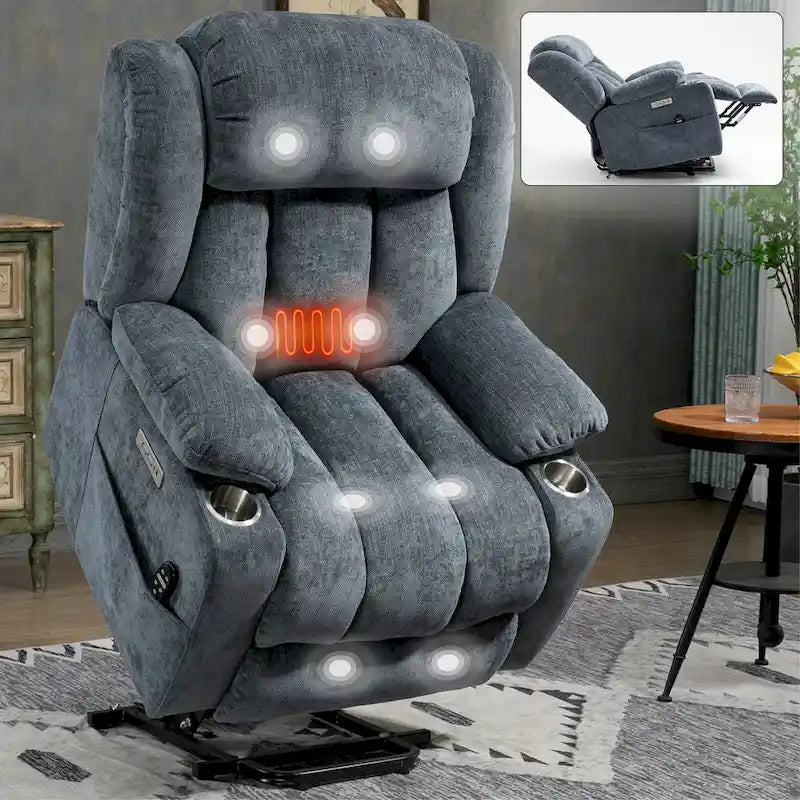 Fauteuil inclinable releveur électrique en chenille bleue avec massage vibrant à 8 points, chauffage lombaire, ports USB et Type-C, porte-gobelets