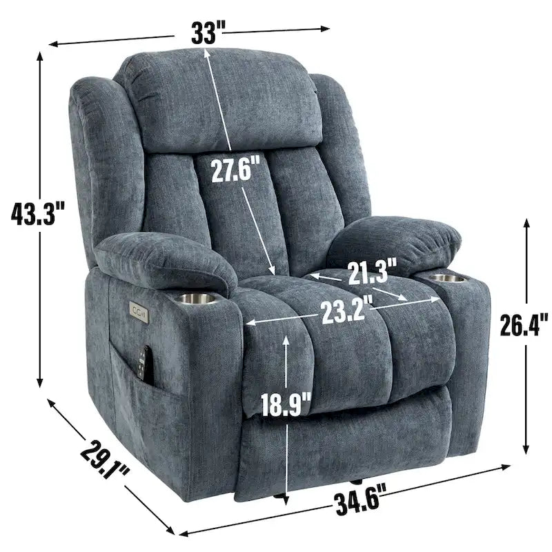 Fauteuil inclinable releveur électrique en chenille bleue avec massage vibrant à 8 points, chauffage lombaire, ports USB et Type-C, porte-gobelets