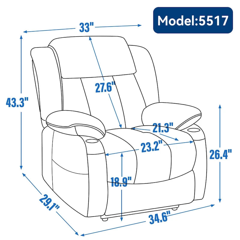 Fauteuil inclinable releveur électrique en chenille bleue avec massage vibrant à 8 points, chauffage lombaire, ports USB et Type-C, porte-gobelets