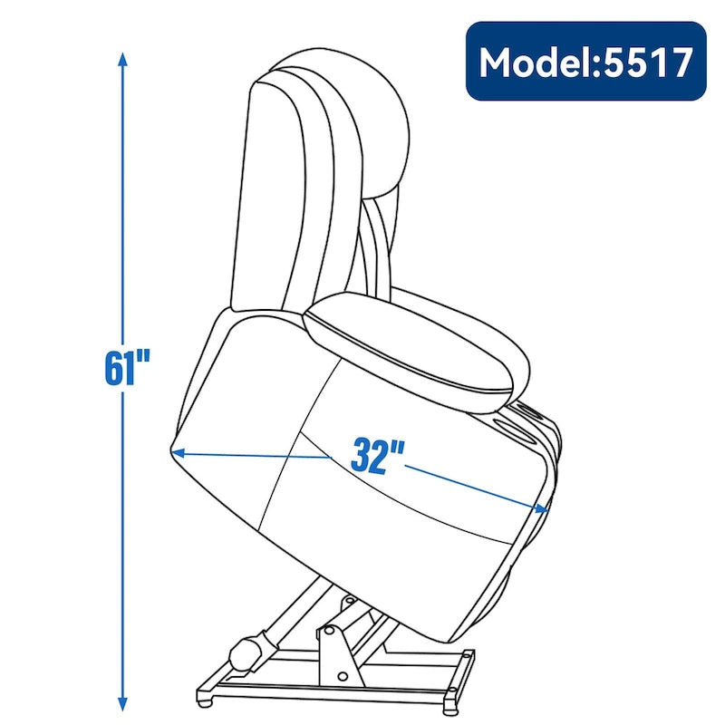 Fauteuil inclinable releveur électrique en chenille bleue avec massage vibrant à 8 points, chauffage lombaire, ports USB et Type-C, porte-gobelets
