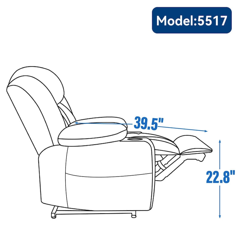 Fauteuil inclinable releveur électrique en chenille bleue avec massage vibrant à 8 points, chauffage lombaire, ports USB et Type-C, porte-gobelets