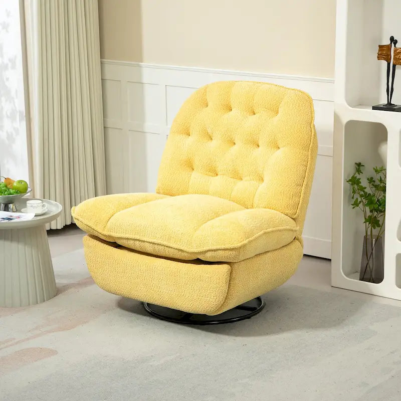 Fauteuil inclinable manuel jaune surdimensionné en chenille, rembourré, pivotant à 360°, avec fonction de glisse, repose-pieds étendu et dossier capitonné