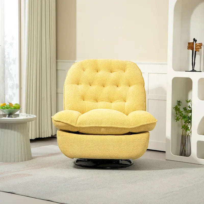 Fauteuil inclinable manuel jaune surdimensionné en chenille, rembourré, pivotant à 360°, avec fonction de glisse, repose-pieds étendu et dossier capitonné