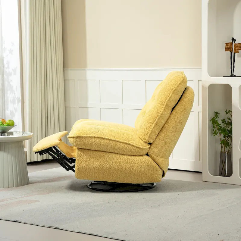 Fauteuil inclinable manuel jaune surdimensionné en chenille, rembourré, pivotant à 360°, avec fonction de glisse, repose-pieds étendu et dossier capitonné