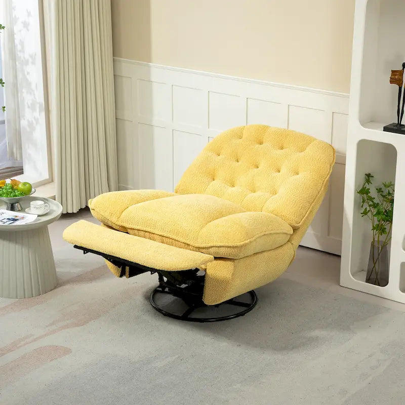 Fauteuil inclinable manuel jaune surdimensionné en chenille, rembourré, pivotant à 360°, avec fonction de glisse, repose-pieds étendu et dossier capitonné