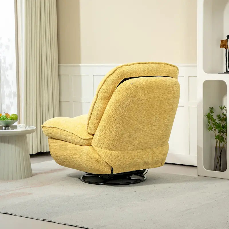 Fauteuil inclinable manuel jaune surdimensionné en chenille, rembourré, pivotant à 360°, avec fonction de glisse, repose-pieds étendu et dossier capitonné