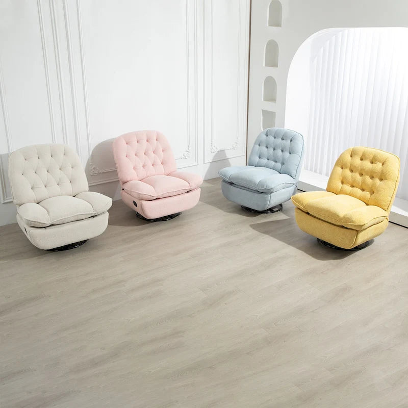 Fauteuil inclinable manuel jaune surdimensionné en chenille, rembourré, pivotant à 360°, avec fonction de glisse, repose-pieds étendu et dossier capitonné
