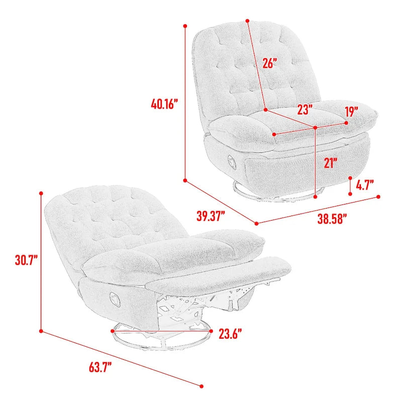 Fauteuil inclinable manuel jaune surdimensionné en chenille, rembourré, pivotant à 360°, avec fonction de glisse, repose-pieds étendu et dossier capitonné