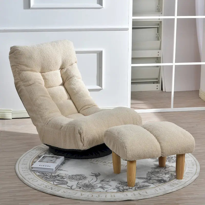Ensemble de fauteuils de relaxation manuels sans accoudoirs pivotants à 360° en tissu bouclé beige avec pouf, appui-tête et dossier réglables