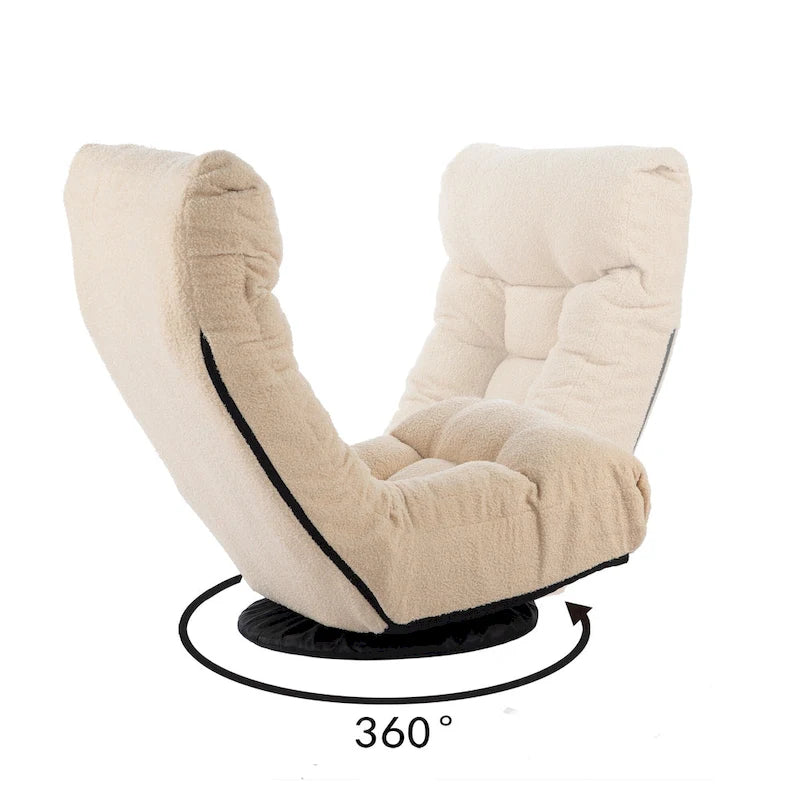 Ensemble de fauteuils de relaxation manuels sans accoudoirs pivotants à 360° en tissu bouclé beige avec pouf, appui-tête et dossier réglables