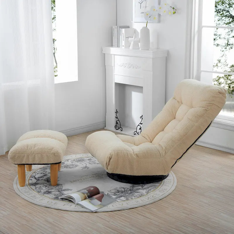 Ensemble de fauteuils de relaxation manuels sans accoudoirs pivotants à 360° en tissu bouclé beige avec pouf, appui-tête et dossier réglables