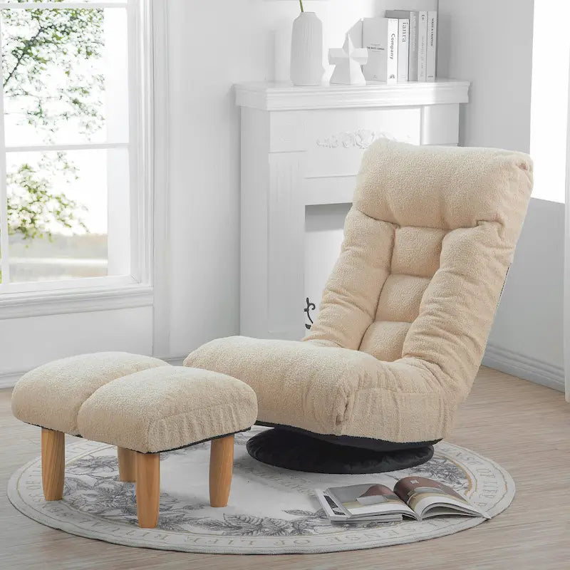 Ensemble de fauteuils de relaxation manuels sans accoudoirs pivotants à 360° en tissu bouclé beige avec pouf, appui-tête et dossier réglables