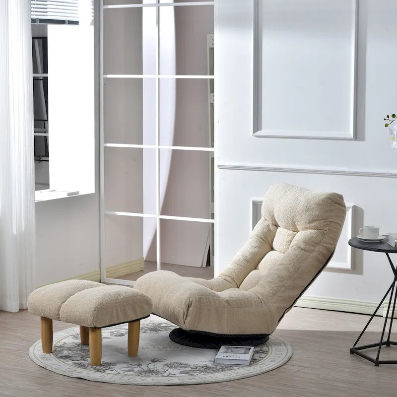 Ensemble de fauteuils de relaxation manuels sans accoudoirs pivotants à 360° en tissu bouclé beige avec pouf, appui-tête et dossier réglables