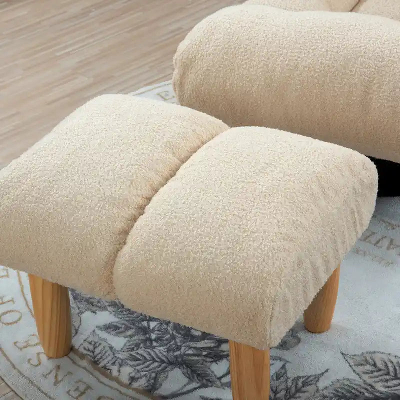 Ensemble de fauteuils de relaxation manuels sans accoudoirs pivotants à 360° en tissu bouclé beige avec pouf, appui-tête et dossier réglables