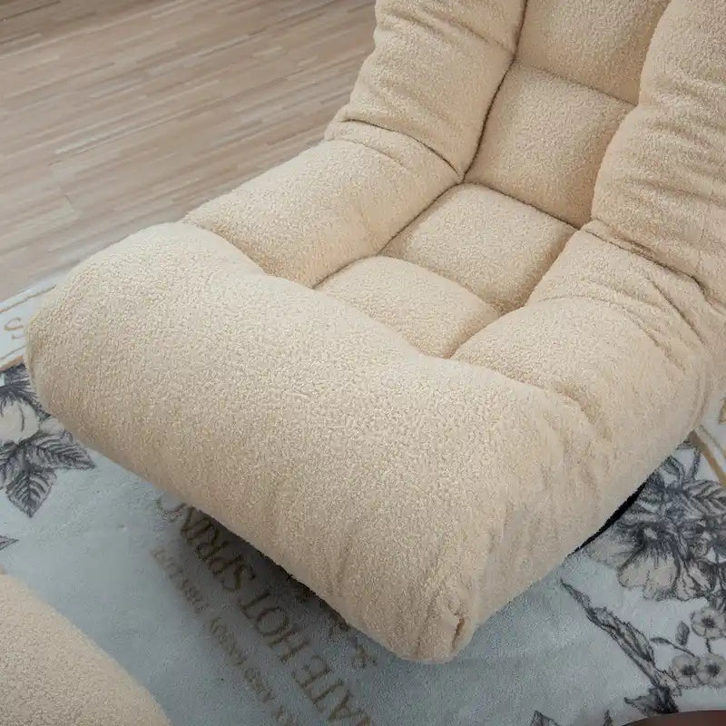 Ensemble de fauteuils de relaxation manuels sans accoudoirs pivotants à 360° en tissu bouclé beige avec pouf, appui-tête et dossier réglables
