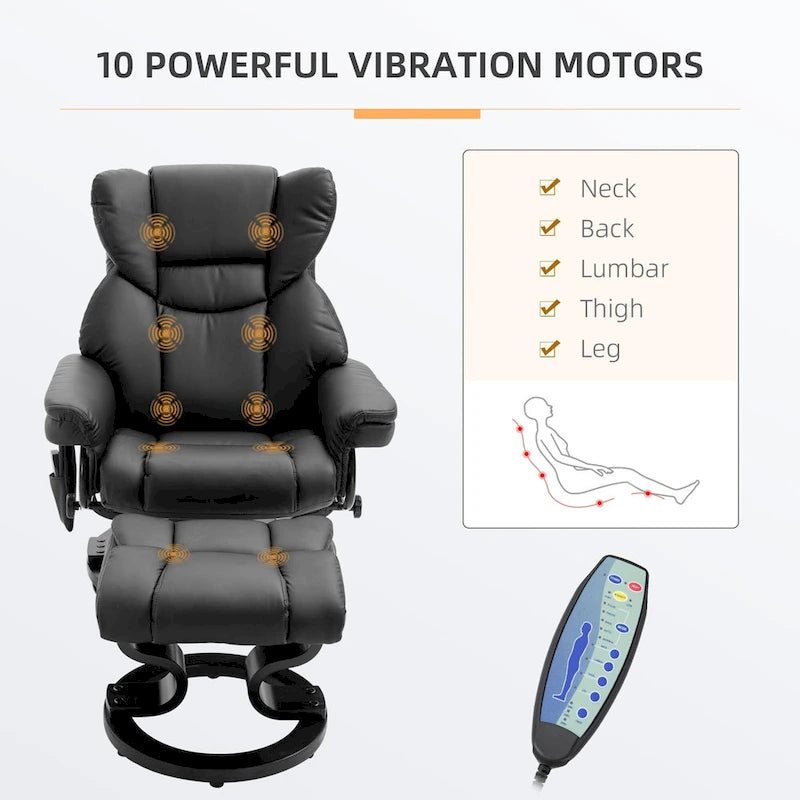 Ensemble fauteuil inclinable manuel pivotant à 360° en similicuir noir avec repose-pieds, 10 points de massage vibrants, poche latérale