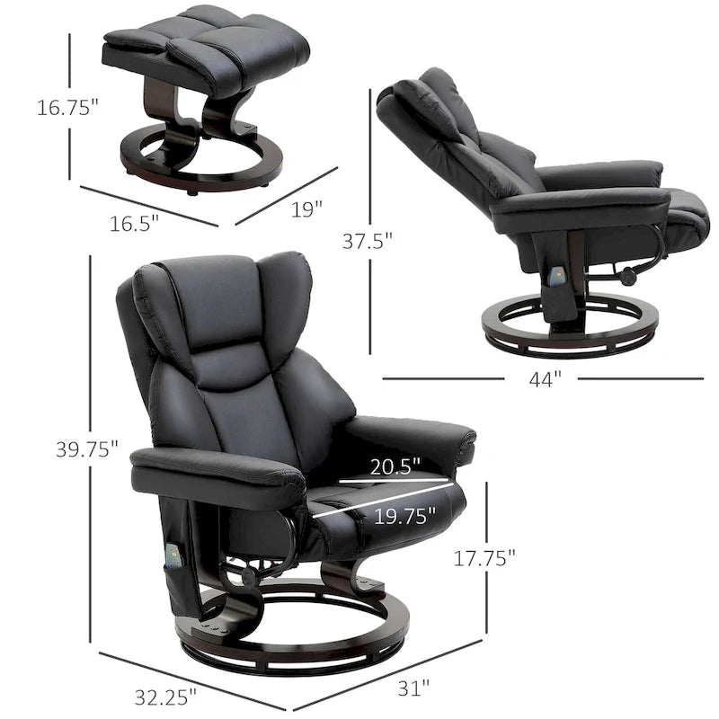 Ensemble fauteuil inclinable manuel pivotant à 360° en similicuir noir avec repose-pieds, 10 points de massage vibrants, poche latérale