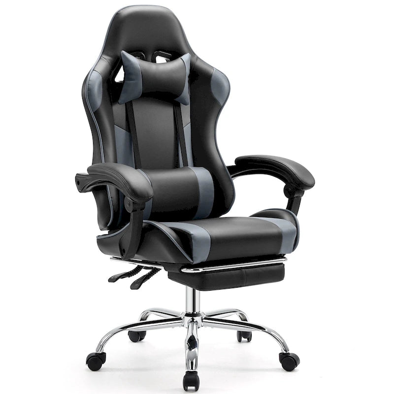 Fauteuil inclinable de jeu ergonomique en cuir PU noir et gris avec repose-pieds, appui-tête, soutien lombaire, hauteur réglable, pivotant à 360°