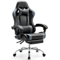 Fauteuil inclinable de jeu ergonomique en cuir PU noir et gris avec repose-pieds, appui-tête, soutien lombaire, hauteur réglable, pivotant à 360°