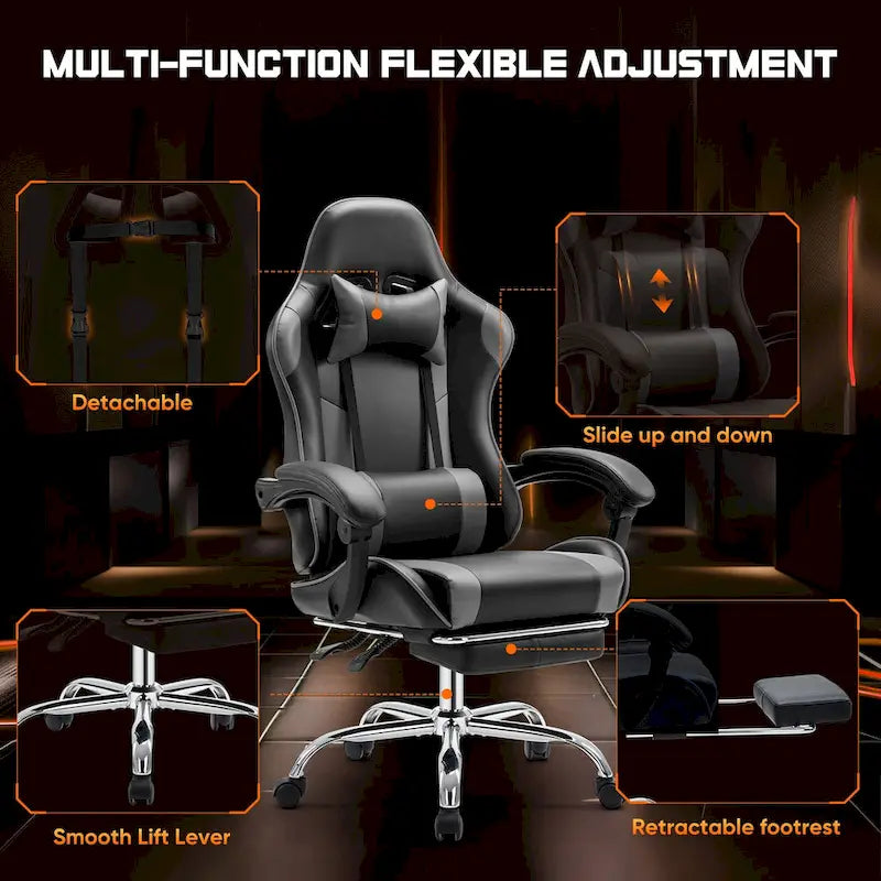 Fauteuil inclinable de jeu ergonomique en cuir PU noir et gris avec repose-pieds, appui-tête, soutien lombaire, hauteur réglable, pivotant à 360°