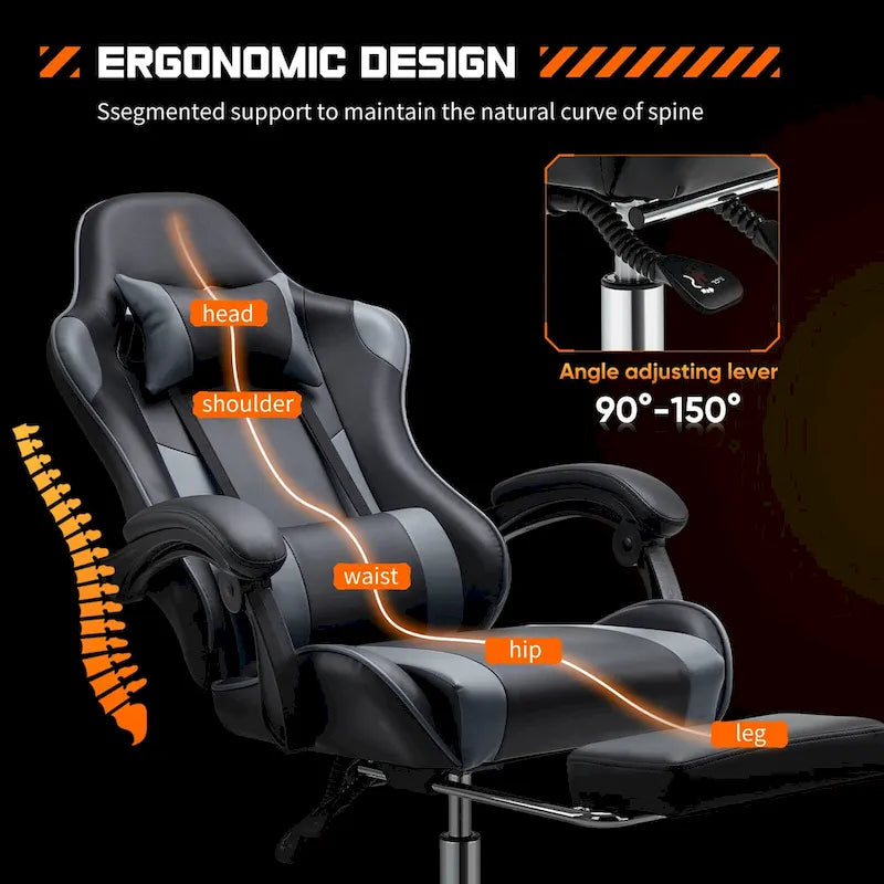 Fauteuil inclinable de jeu ergonomique en cuir PU noir et gris avec repose-pieds, appui-tête, soutien lombaire, hauteur réglable, pivotant à 360°