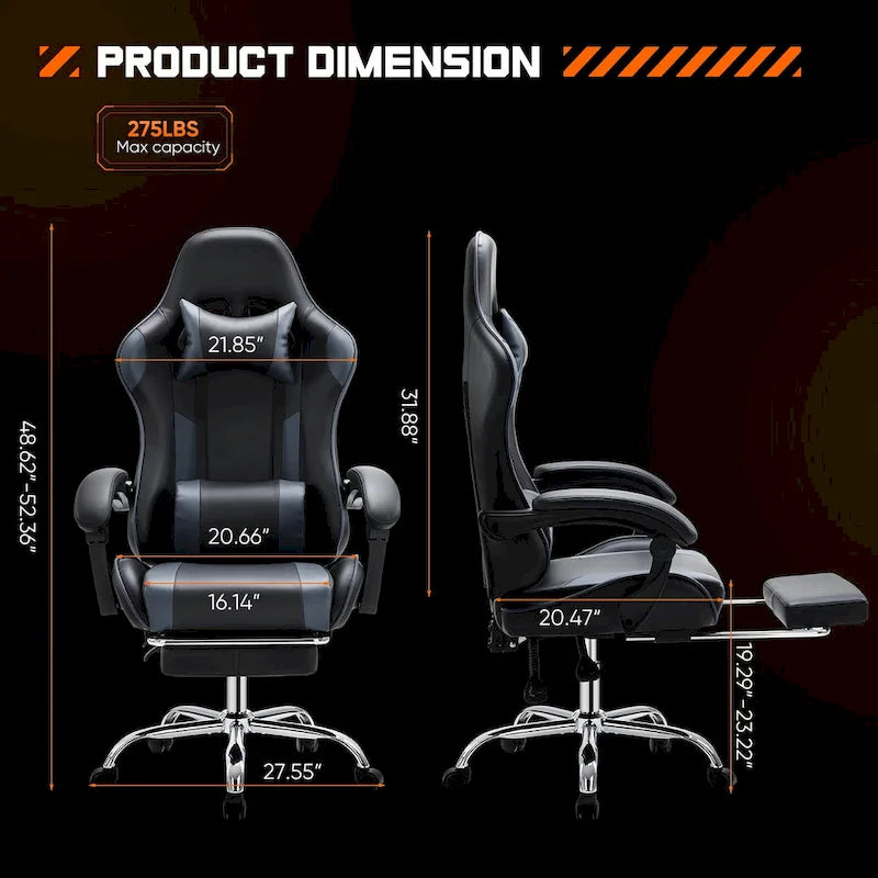 Fauteuil inclinable de jeu ergonomique en cuir PU noir et gris avec repose-pieds, appui-tête, soutien lombaire, hauteur réglable, pivotant à 360°
