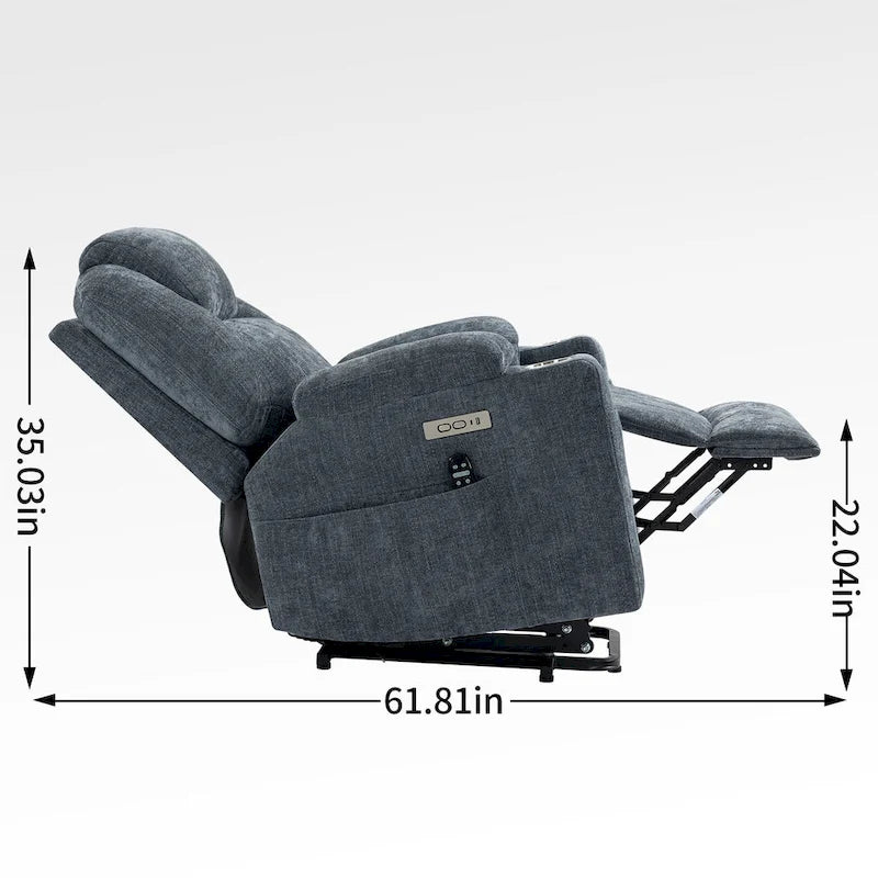Fauteuil inclinable releveur bleu avec massage 8 points, chauffage lombaire, deux ports USB et porte-gobelets en acier inoxydable